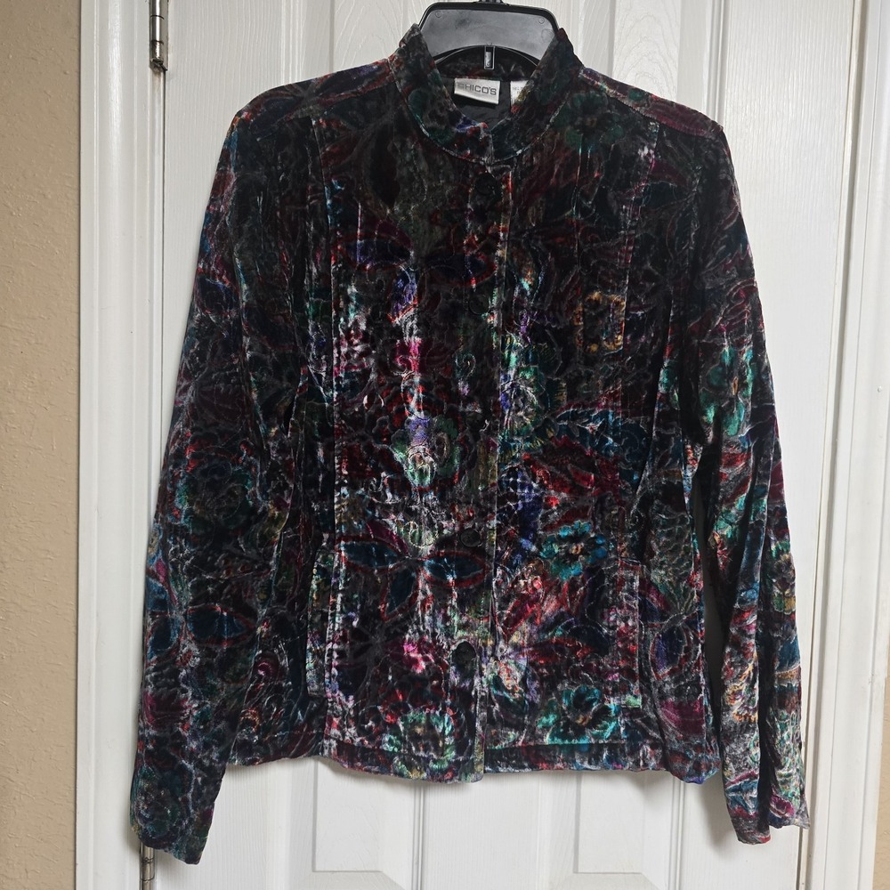 CHICO'S Shimmering Multi-Colored Floral Silk Blend Velveteen Jacket (Size 1)